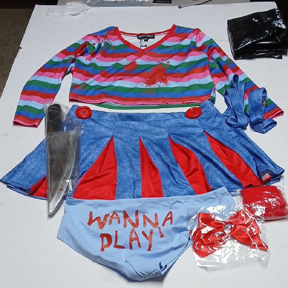 Dolls Kill Trickz n Treatz Child's Play Chucky Costume Crop Top Skirt + COMPLETE